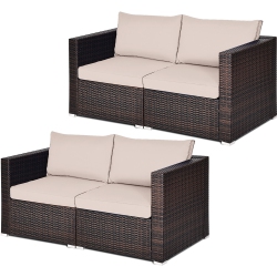 GYMAX 4PCs Rattan Corner Sofa Set Patio Outdoor Furniture Set W/ Cushions In Beige