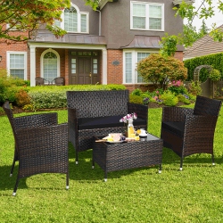 COSTWAY 4PCs Rattan Patio Furniture Set Cushioned Sofa Chair Coffee Table