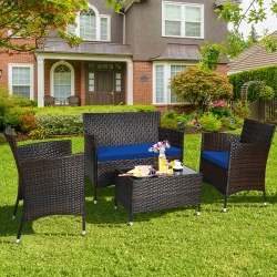 COSTWAY 4PCs Rattan Patio Furniture Set Cushioned Sofa Chair Coffee Table