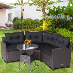 COSTWAY 4PCs Patio Rattan Furniture Set Cushioned Sofa Glass Table Garden