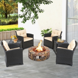 COSTWAY 7PCs Patio Rattan Wicker Furniture Set Gas Fire Pit Table Sofa Cushion