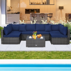COSTWAY 7PCs Patio Rattan Furniture Set Sectional Sofa Cushioned Garden