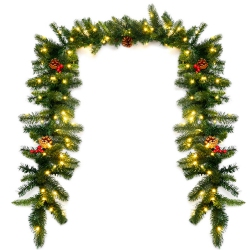 GYMAX 9Ft Pre-Lit Christmas Decoration Garland Indoor Outdoor W/ Led Lights Timer