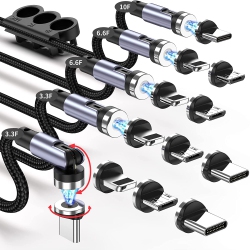 DOLAER H 540° Rotation Magnetic Charging Cable (5-Pack, 10/6.6/6.6/3.3/3.3Ft), 3 In 1 Magnetic Phone Charger \w Led Light Compatible \w Micro USB