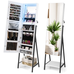 COSTWAY Jewelry Cabinet Armoire 3 Color Led Modes Full-Length Frameless Mirror Lockable