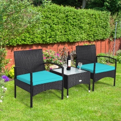 GYMAX 3 PCs Patio Wicker Rattan Furniture Set Coffee Table & 2 Rattan Chair W/ Cushion In Turquoise