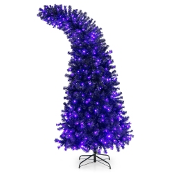 COSTWAY 7Ft Pre-Lit Black Halloween Tree 8 Flash Modes W/ 400 Purple & Lights In Orange