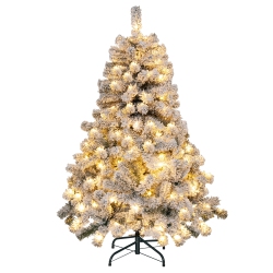 COSTWAY 4.5Ft Pre-Lit Premium Snow Flocked Hinged Artificial Christmas Tree W/150 Lights