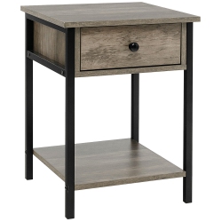 GYMAX Industrial End Side Table Nightstand With Drawer Shelf Rustic Oak In Grey