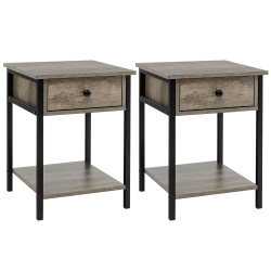 GYMAX 2PCs Industrial End Side Table Nightstand With Drawer Shelf Oak In Grey