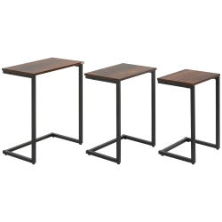HOMCOM Nesting End Tables Set Of 3, Industrial C-Shaped Snack Side Table With Steel Frame for Sofa Couch, Bed, Living Room, Rustic In Brown