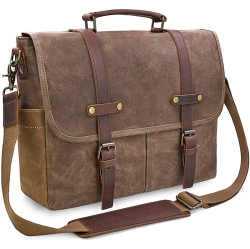 DOLAER Laptop Messenger Bag for Men 15.6 Inch Waterproof Waxed Canvas Vintage Genuine Leather Briefcase