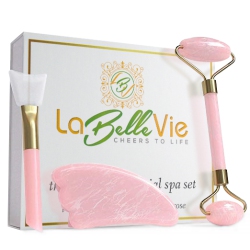 LABELLEVIE Gua Sha & Jade Roller Set – Original Rose Quartz Roller for Scrape Massage – Beauty Skin Care Kit –Rejuvenating Skin – Anti-Aging