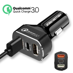 YELLOW-PRICE 3-Port USB Car Charger Adapter Qc 3.0 Fast Charging (Dual USB-A + USB-C Port)
