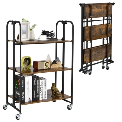 GYMAX 3-Tier Folding Bar Cart Kitchen Serving Island Utility Cart Storage Shelves