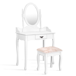 GYMAX Vanity Wood Makeup Dressing Table Stool Set W/ Drawer & Mirror Jewelry Desk In White