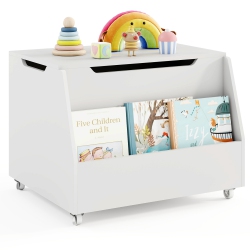 GYMAX Kids Toy Box Wooden Storage Chest Bench W/ Bookshelf Wheels Safety Hinge Lid
