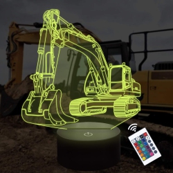 HLD 3D Illusion Lamp, Excavator Night Light for Kids With 16 Colors Changing Remote Control, Bedroom Decor Creative Birthday Gif
