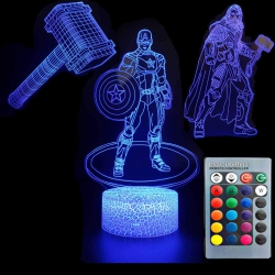 HLD 3D Illusion Avengers Super Hero Night Light Three Pattern Captain America/thor/thor's Hammer 7 Color Change Decor Lamp Desk
