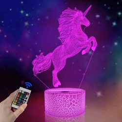 HLD 3D Unicorn Night Light Bedside Lamp, 16 Colors Changing Remote Control Hologram Illusion Light, Room Home Decor Personalized Birthday Xmas Gift For
