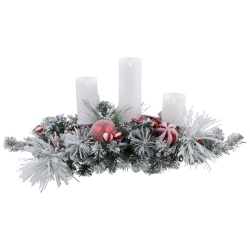 NORTHLIGHT Triple Candle Holder With Flocked Pine And Christmas Ornaments - 32" - And White In Red