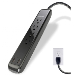 PHILIPS 4 Outlet 2 USB Port Surge Protector, 720 Joules, 4Ft Cord In Black