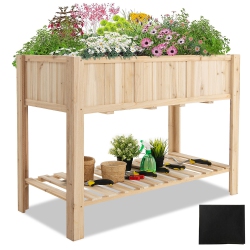 GYMAX 47" Wooden Raised Garden Bed W/bottom Shelf & Bed Liner Outdoor Elevated Planter Box