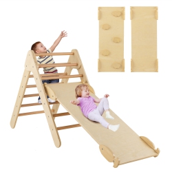 GYMAX 3-In-1 Wooden Climbing Triangle Set Triangle Climber W/ Ramp
