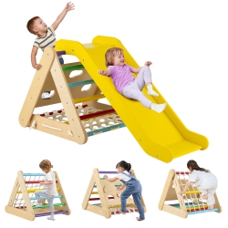 GYMAX 4 In 1 Wooden Climbing Triangle Set Triangle Climber W/ Ramp