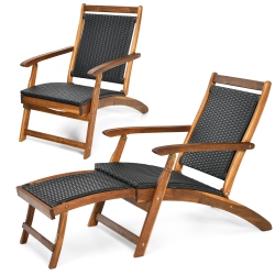TOPBUY Patiojoy 1/2 PCs Patio Folding Rattan Chaise Lounge Chair Acacia Wooden Frame W/ Retractable Footrest for Poolside&patio