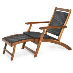TOPBUY Patiojoy 1/2 PCs Patio Folding Rattan Chaise Lounge Chair Acacia Wooden Frame W/ Retractable Footrest for Poolside&patio
