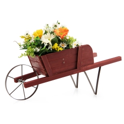 TOPBUY Flower Pot Wheelbarrow Planter Solid Pine Wood Wagon Planter W/ Triangular Metal Support 2 Energy-Saving Handles Movable Whee Walnut/red
