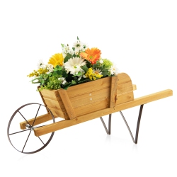 TOPBUY Flower Pot Wheelbarrow Planter Solid Pine Wood Wagon Planter W/ Triangular Metal Support 2 Energy-Saving Handles Movable Whee Walnut/red