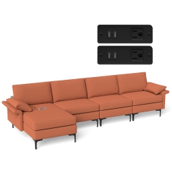 COSTWAY Modern Modular L-Shaped Sectional Sofa USB Sofa W/ Reversible Chaise & 4 USB Ports In Red