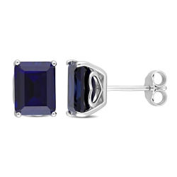 GEM AND HARMONY 5.90 Carat (Ctw) Lab-Created Sapphire Emerald-Cut Stud Earrings In Sterling Silver In Blue