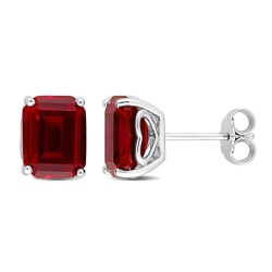 GEM AND HARMONY 6.50 Carat (Ctw) Lab-Created Ruby Emerald-Cut Solitaire Stud Earrings In Sterling In Silver