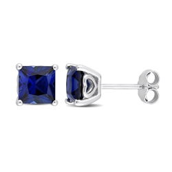 GEM AND HARMONY 2.68 Carat (Ctw) Lab-Created Princess Sapphire Solitaire Earrings In Sterling Silver (6Mm) In Blue