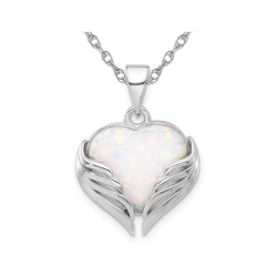 GEM AND HARMONY Lab-Created Opal Heart With Wings Pendant Necklace In Sterling With Chain In Silver
