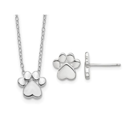 GEM AND HARMONY Sterling Paw Print Pendant Necklace And Earrings Charm Set In Silver