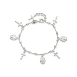 GEM AND HARMONY Sterling Cross Miraculous Medal Charm Bracelet (6.25 Inches) In Silver