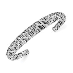 GEM AND HARMONY Sterling Polished Diamond-Cut Cuff Bangle Bracelet In Silver