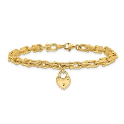 GEM AND HARMONY 14K Gold Heart Lock Charm Link Bracelet (7.50 Inches) In Yellow