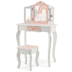 COSTWAY Kid Vanity Set Wooden Makeup Table Stool Tri-Folding Mirror Zebra-Stripe In Pink