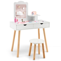 COSTWAY Kid Vanity Table Chair Set With Mirror Large Storage Drawers Wooden Legs In White