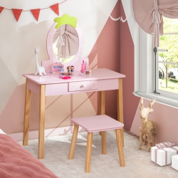 COSTWAY Kid Vanity Table Stool Set With Mirror Wooden Legs Storage Drawer In Pink
