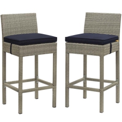 MODWAY Conduit Rattan Outdoor Bar Stool In Light And Navy (Set Of 2) In Gray