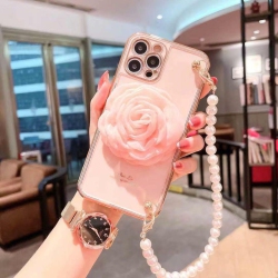 SUPERSHIELD Apple Iphone 11 Pro Max Women Wrist Chain Bracelet Heavy Duty Case Luxury Silicone Flower Cover (Pink)
