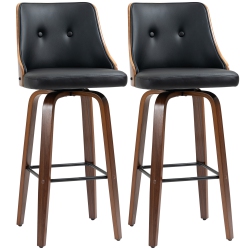 HOMCOM Bar Height Bar Stools Set Of 2 Pu Leather Upholstered Swivel Barstools With Solid Wood Legs Footrest And Tufted Back In Black