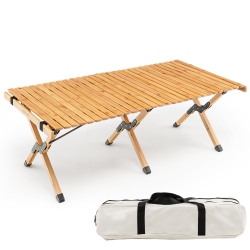 TOPBUY Folding Wooden Camping Table Portable Picnic Table W/ Carry Bag Roll-Up Bamboo Tabletop Outdoor Travel Camping Table Natural/coffee