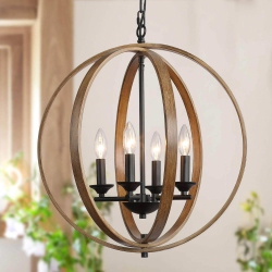 LNC Farmhouse 4-Light Globe Wood Grain Candle Chandelier